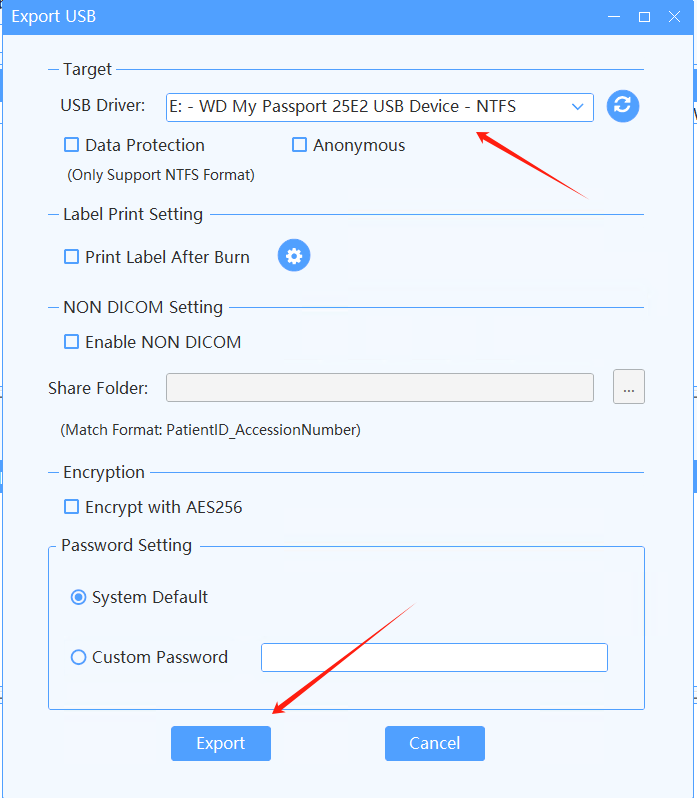 تصدير إلى USB/CD/DVD